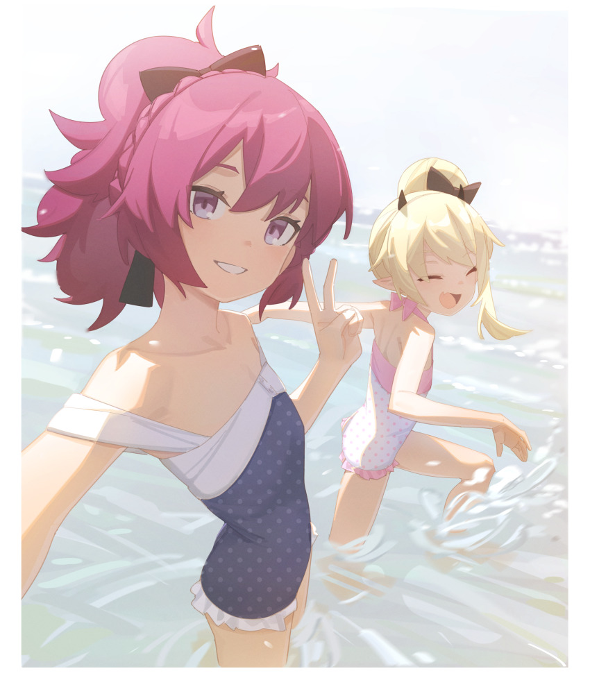 2girls, absurdres, bare_shoulders, black_bow, blonde_hair, blue_archive, border, bow