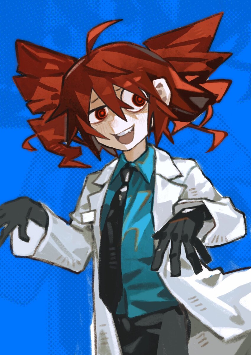 1girl, absurdres, alternate_costume, black_gloves, black_necktie, black_pants, blue_background, blue_shirt