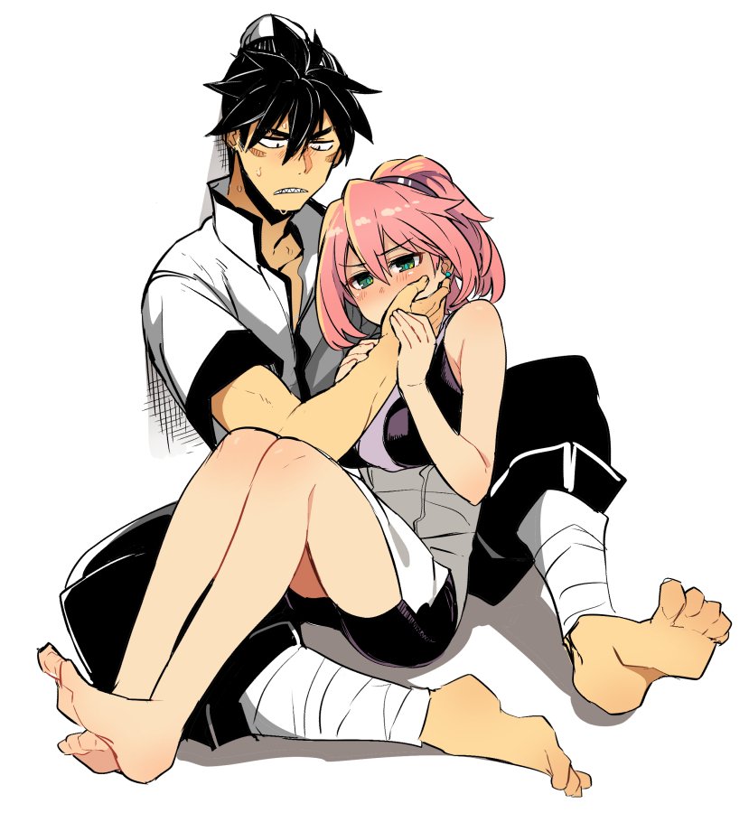 1boy, 1girl, barefoot, black_hair, black_pants, black_shorts, blush, breasts