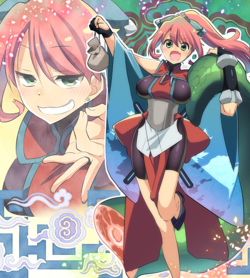 1girl, :d, breasts, earrings, fang, food, green_eyes, hakobe_(pixiv_fantasia_last_saga)