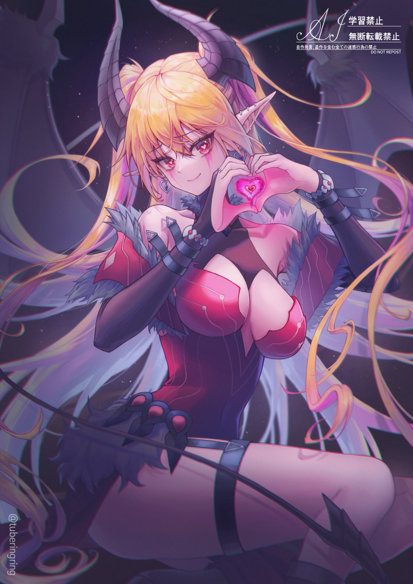 1girl, bare_shoulders, black_background, black_horns, black_tail, black_wings, blonde_hair, breasts
