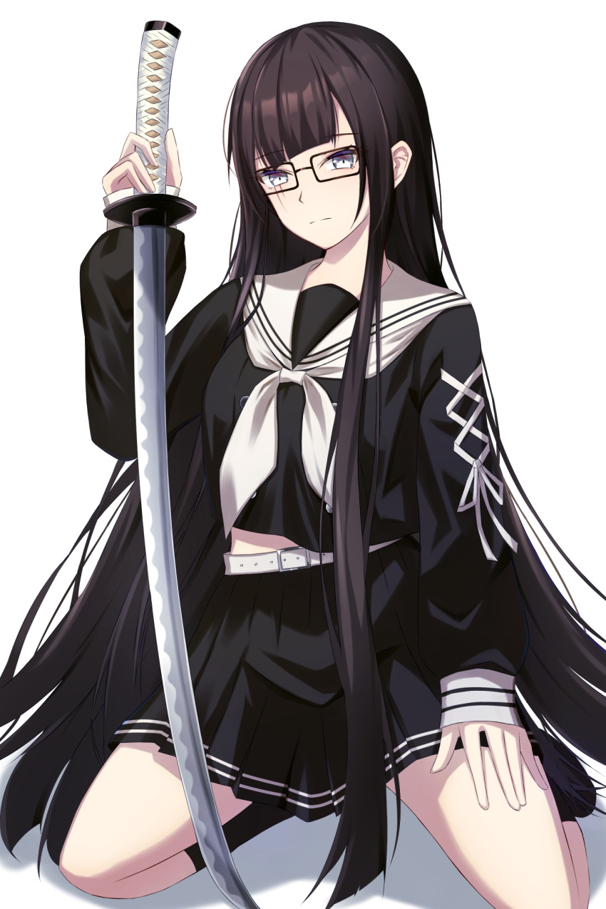 1girl, black-framed_eyewear, black_hair, black_serafuku, black_shirt, black_skirt, black_socks, closed_mouth