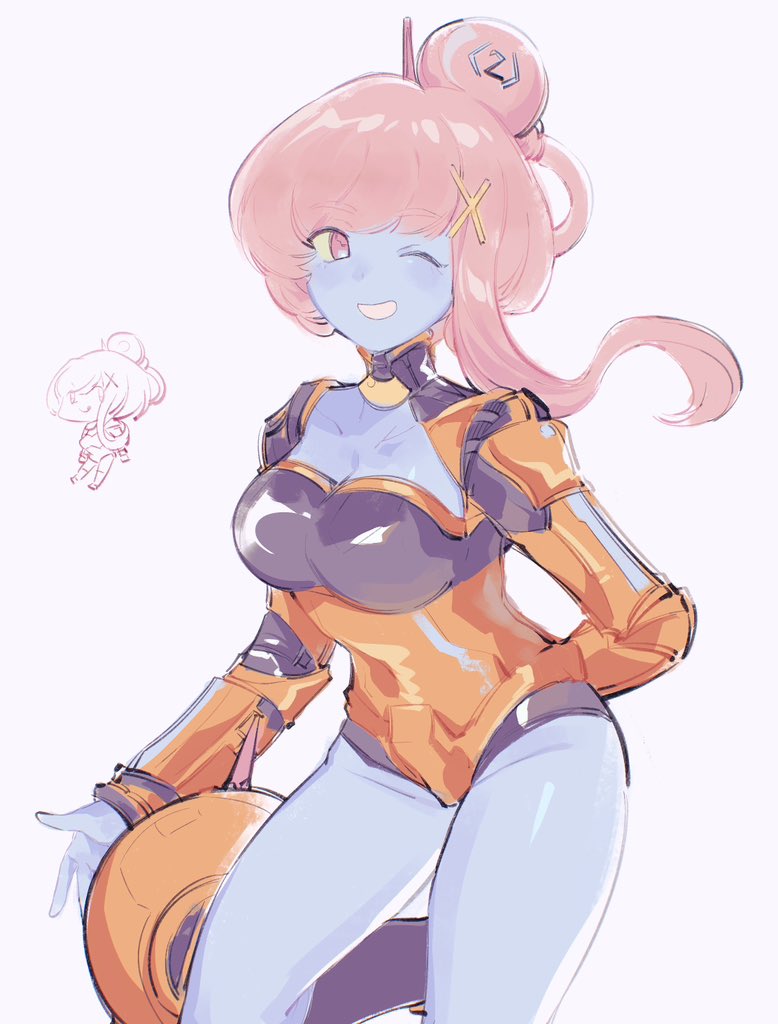 1girl, arm_behind_back, black_bodysuit, black_socks, blue_skin, bodysuit, breasts, cleavage, cleavage_cutout, clothing_cutout, colored_skin, commentary, hair_bun, helmet, keylocker, leaning_forward, long_sleeves, looking_at_viewer, medium_breasts, multicolored_bodysuit, orange_bodysuit, patricia_(keylocker), pink_hair, simple_background, sketch, smile, socks, solo, tara3763, teeth, two-tone_bodysuit, unworn_headwear, unworn_helmet, white_background, yellow_eyes