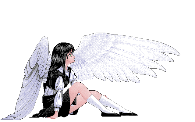1girl, angel_wings, black_hair, commentary_request, dress, expressionless, feathered_wings, full_body, garasu_no_mukuro, green_eyes, long_hair, pc-98_(style), profile, simple_background, sitting, socks, solo, white_background, white_socks, white_wings, wings, yukiyoshi