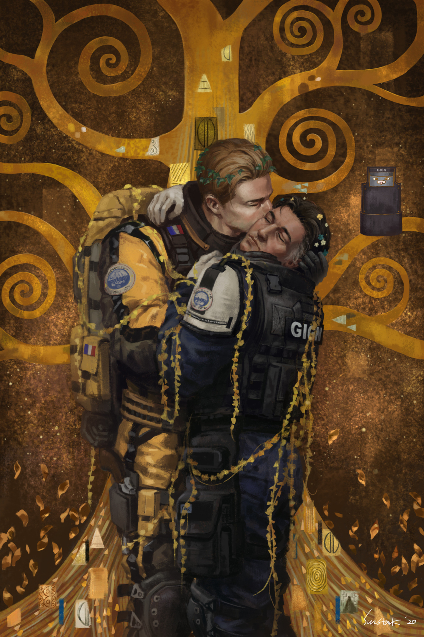 2boys, arm_around_neck, backpack, bag, black_hair, black_vest, blue_pants, bulletproof_vest