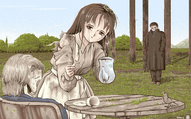 1boy, 1girl, brown_hair, coat, dilapidated, dress, garasu_no_mukuro, grass, grey_dress, holding, holding_teapot, outdoors, overgrown, pc-98_(style), skeleton, smile, table, tea_set, teapot, tree, yukiyoshi