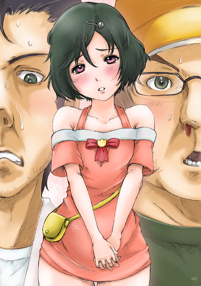 3boys, bag, bare_shoulders, black_hair, blood, blush, clenched_teeth, crossdressing