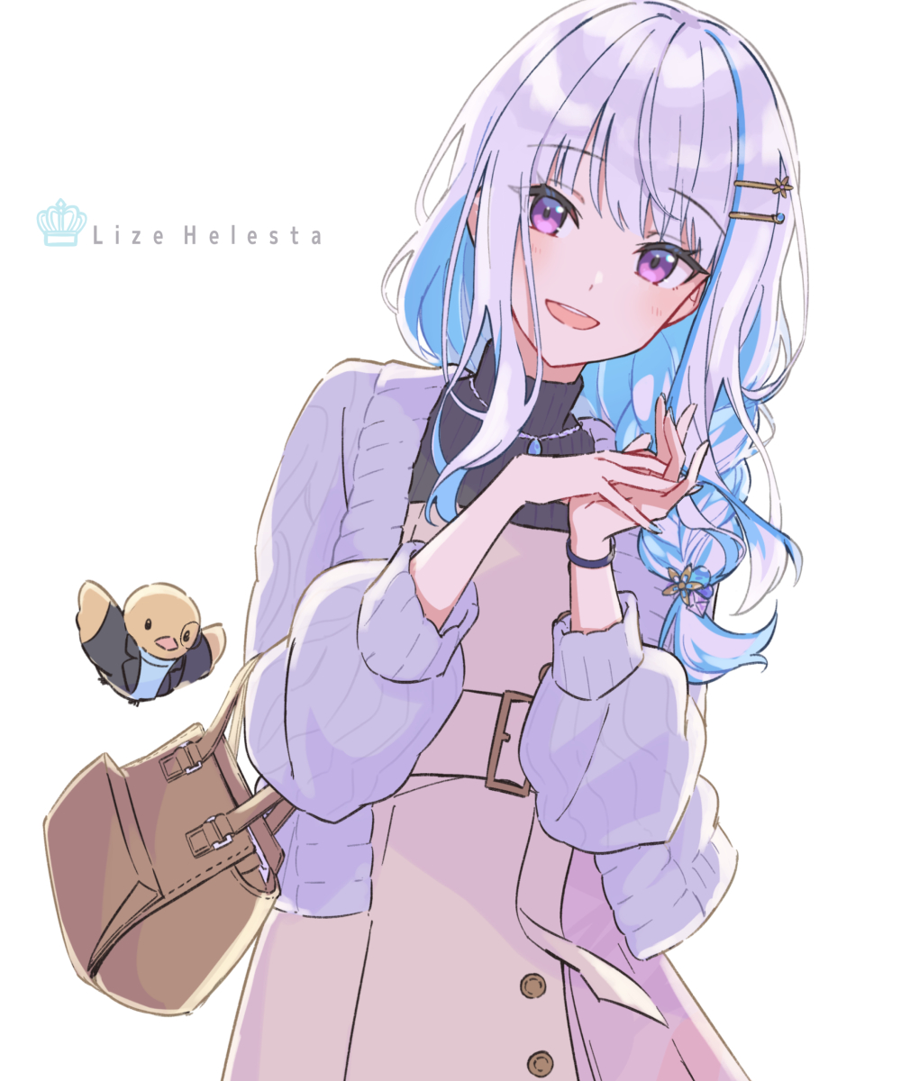 1girl, animal, bag, belt, bird, black_jacket, black_sweater, blue_hair