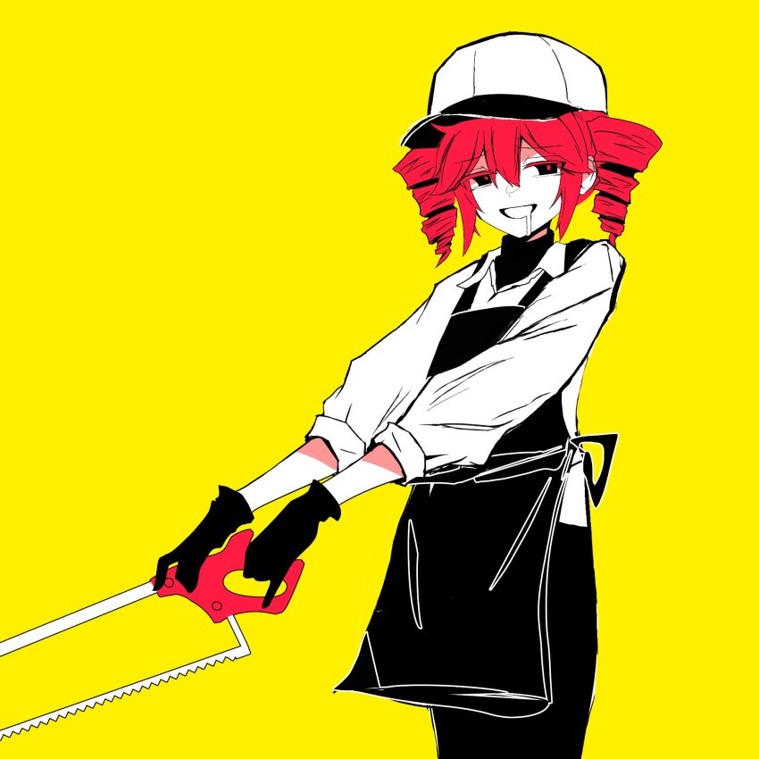 1girl, apron, black_apron, black_eyes, black_gloves, black_pants, black_shirt, butcher_vanity_(synthesizer_v)