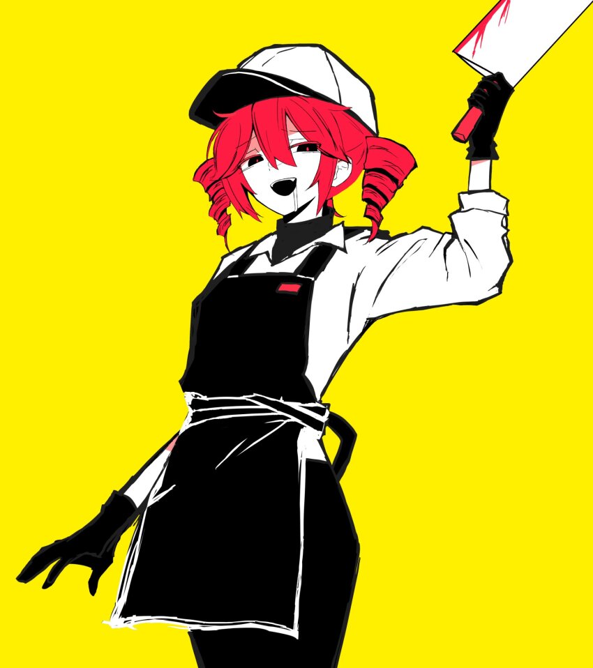 1girl, apron, black_apron, black_eyes, black_gloves, black_pants, black_shirt, blood