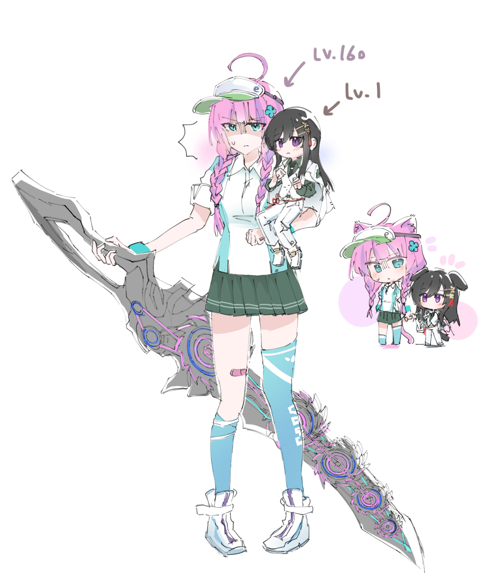 2girls, ahoge, aqua_eyes, black_hair, braid, breasts, date_akari, hair_ornament