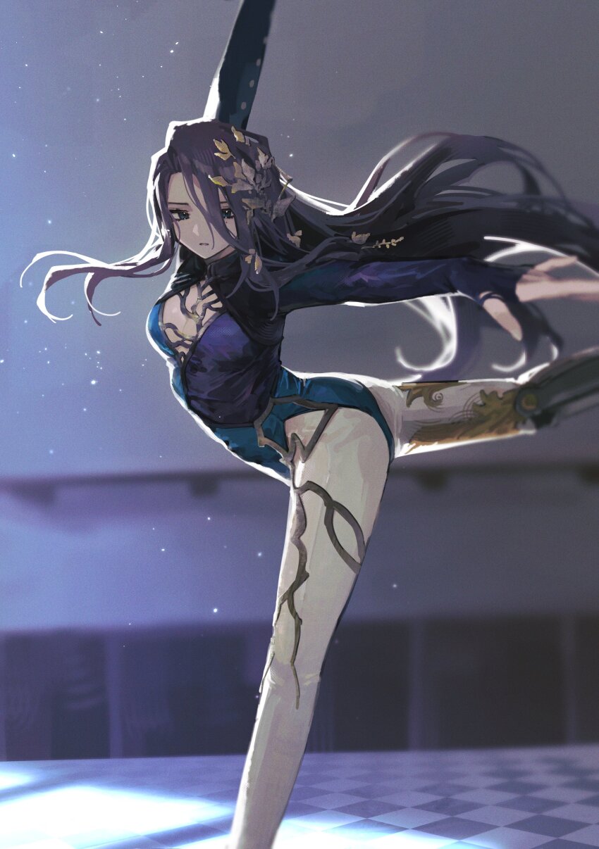 1girl, absurdres, arm_up, athletic_leotard, blue_eyes, blue_leotard, blurry, blurry_background