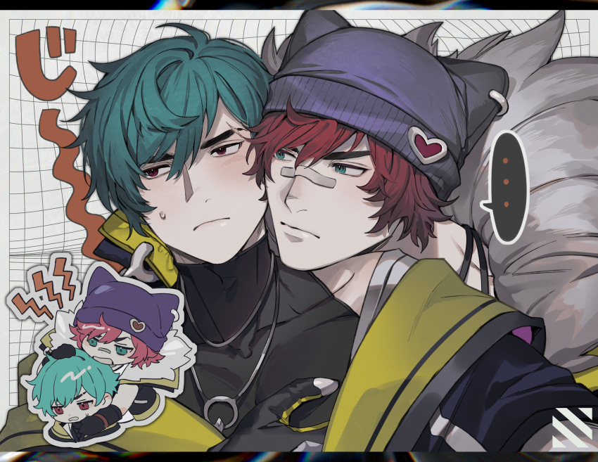 ..., 00ff42, 2boys, aphelios, bandage_on_face, bandages, beanie, black_gloves, black_hat, black_shirt, chibi, chibi_inset, closed_mouth, colored_speech_bubble, commentary_request, frown, gloves, gradient_hair, green_eyes, green_hair, grid_background, hand_on_another's_chest, hat, head_on_another's_shoulder, head_rest, heart, heartsteel_aphelios, heartsteel_sett, highres, jacket, jewelry, league_of_legends, lying_on_person, male_focus, multicolored_hair, multiple_boys, necklace, nervous, nervous_sweating, off_shoulder, open_mouth, pierced_hat, red_eyes, red_hair, sett_(league_of_legends), shirt, skin_tight, small_sweatdrop, speech_bubble, spoken_ellipsis, sweat, turtleneck, upper_body, white_fur, yaoi