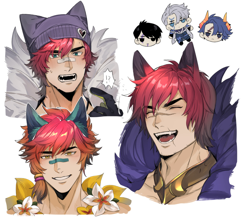 !?, 00ff42, 2boys, absurdres, animal_ears, aphelios, bandage_on_nose, bandages