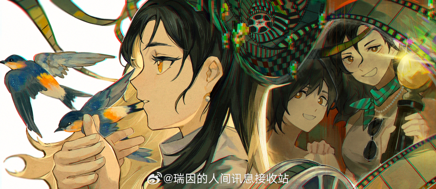 3girls, aged_down, bird, black_hair, eyewear_hang, film_strip, glint, green_neckerchief
