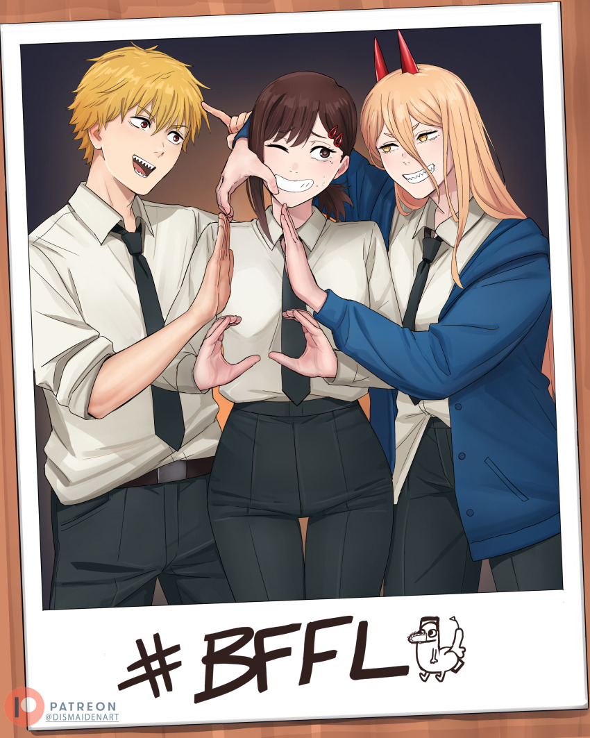 1boy, 2girls, absurdres, black_necktie, black_pants, blonde_hair, blue_jacket, brown_eyes