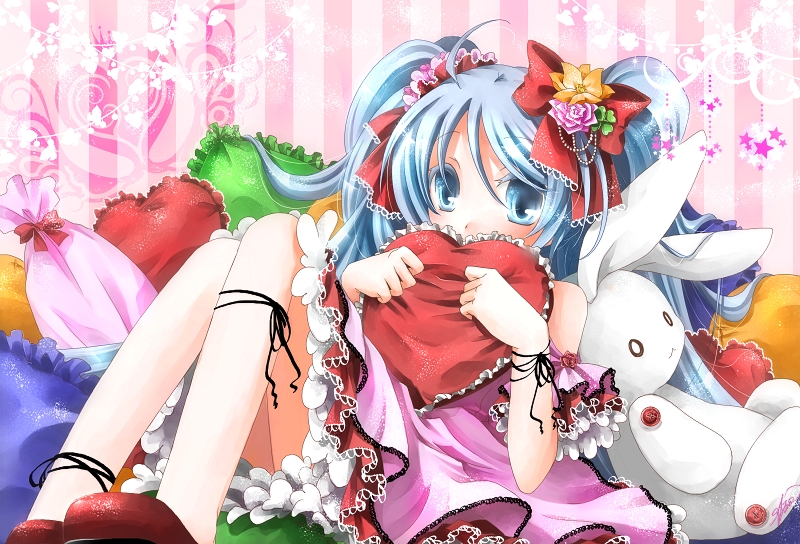 1girl, blue_eyes, blue_hair, cushion, dress, female_focus, flower, frilled_pillow