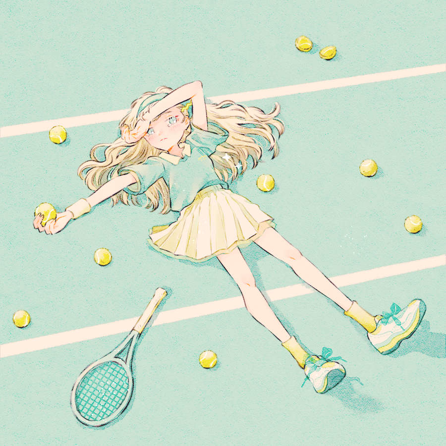 1girl, ball, blonde_hair, blue_background, blue_eyes, blue_hairband, blue_shirt, blue_shoes