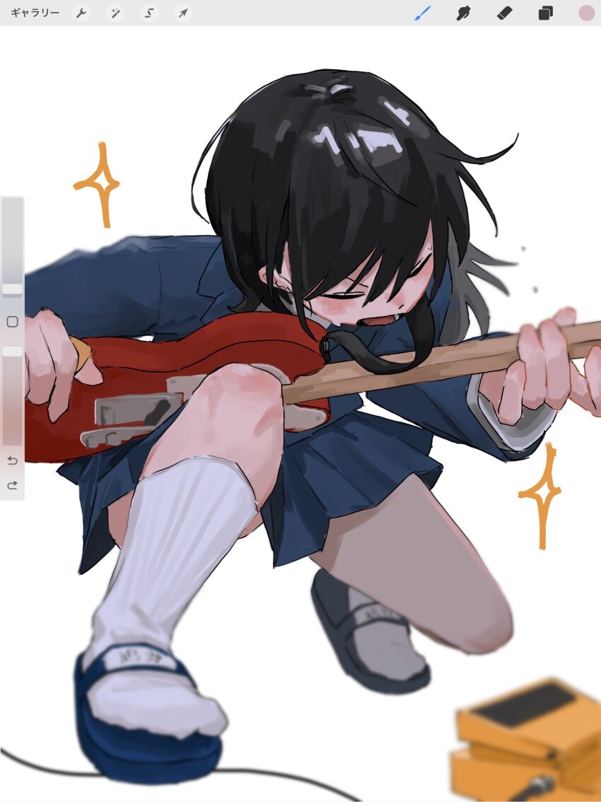 1girl, black_hair, blazer, blue_jacket, blue_sandals, blue_skirt, closed_eyes, commentary_request, fretless_guitar, fretless_instrument, futsuu_no_keion-bu, guitar, hatono_chihiro, highres, holding, holding_plectrum, instrument, jacket, kneehighs, kusakabe_(kskb_e), music, open_mouth, playing_guitar, playing_instrument, pleated_skirt, plectrum, sandals, school_uniform, skirt, socks, solo, sparkle, squatting, white_background, white_socks