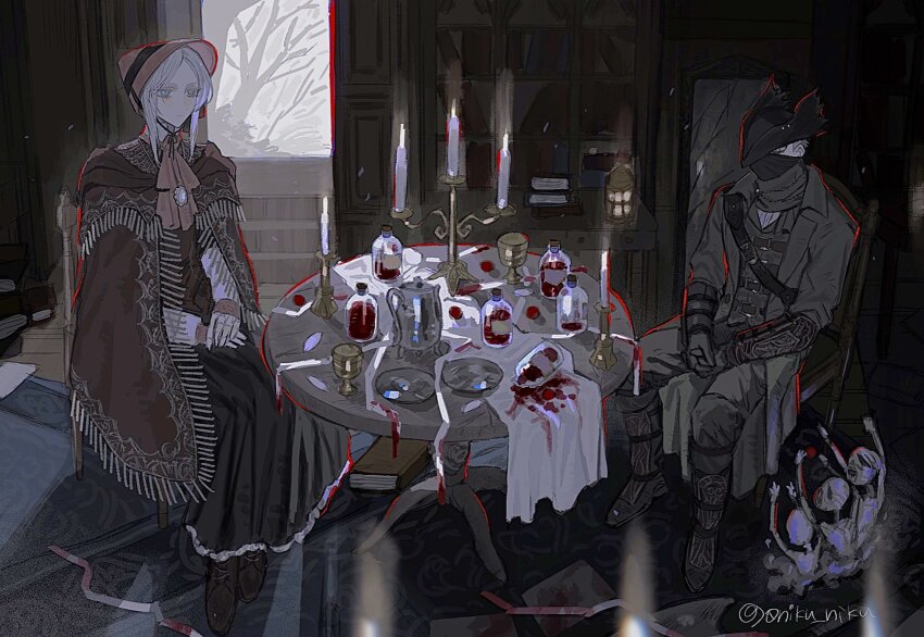 0niku_niku, 1girl, 1other, ambiguous_red_liquid, ascot, black_boots, black_hat, bloodborne