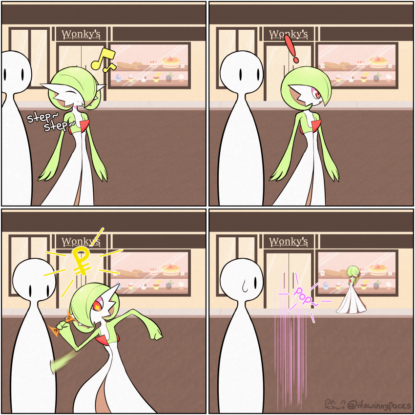 !, artist_name, banknote, bob_cut, closed_eyes, colored_skin, dress, food, gardevoir, gen_3_pokemon, green_hair, green_skin, hair_over_one_eye, highres, money, multicolored_skin, musical_note, nintendo, pastry, pink_eyes, pokemon, pokemon_(creature), smile, sweatdrop, teleport_(pokemon), two-tone_skin, white_dress, white_skin, winkyfaces