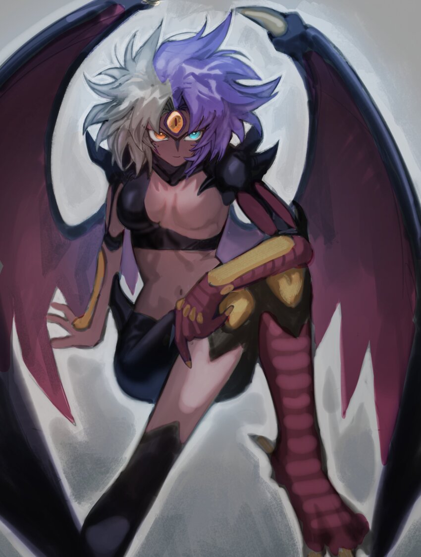 1other, absurdres, breasts, colored_skin, demon_wings, duel_monster, green_eyes, grey_background