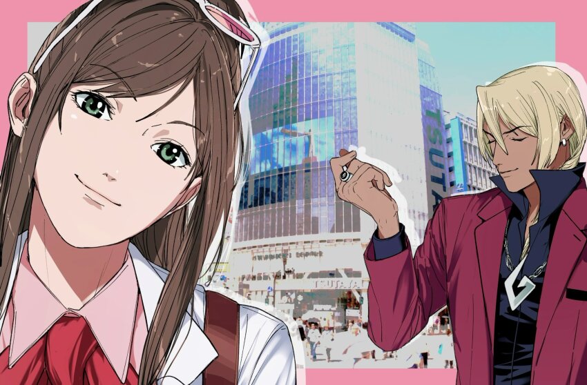 1boy, 1girl, ace_attorney, amikoiiko, apollo_justice:_ace_attorney, arm_up, black_shirt, blonde_hair