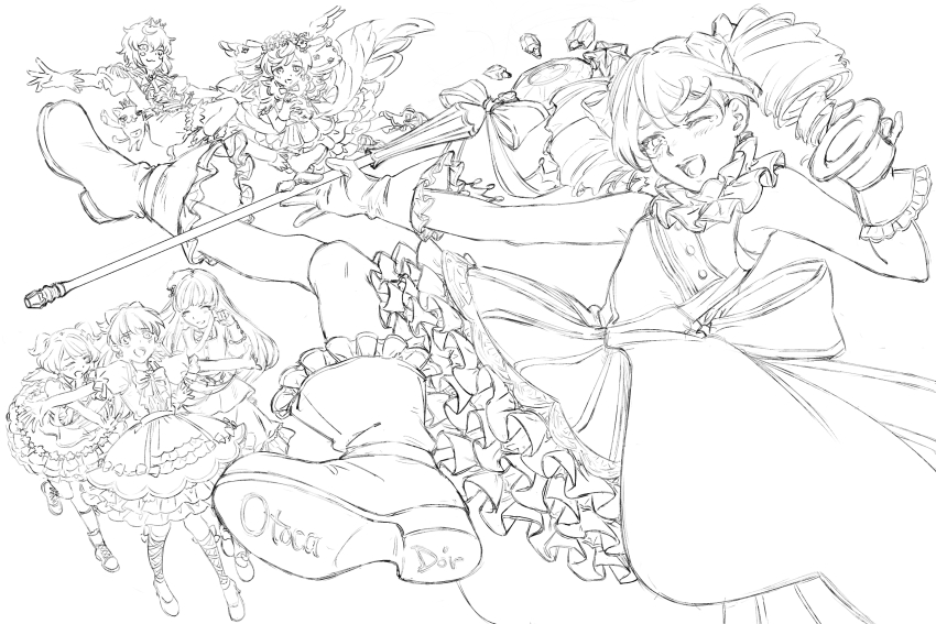 absurdres, bare_shoulders, blush, boots, character_request, commentary_request, dress, drill_hair