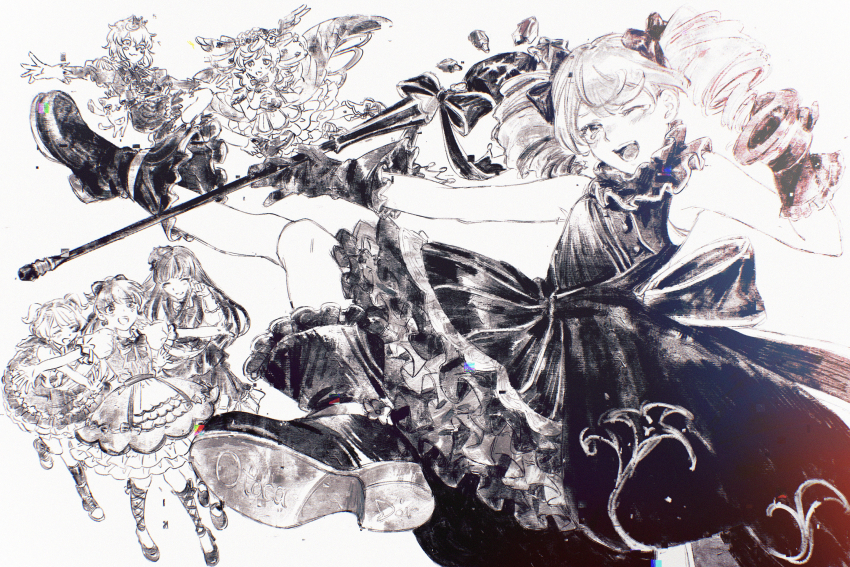 absurdres, bare_shoulders, blush, boots, character_request, commentary_request, dress, drill_hair