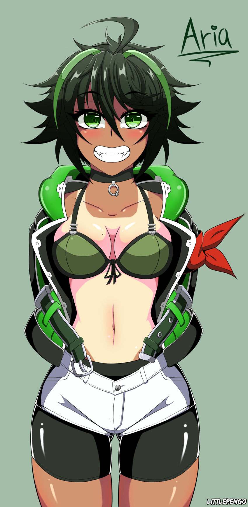 1girl, absurdres, ahoge, arms_behind_back, bike_shorts, black_shorts, breasts, cowboy_shot