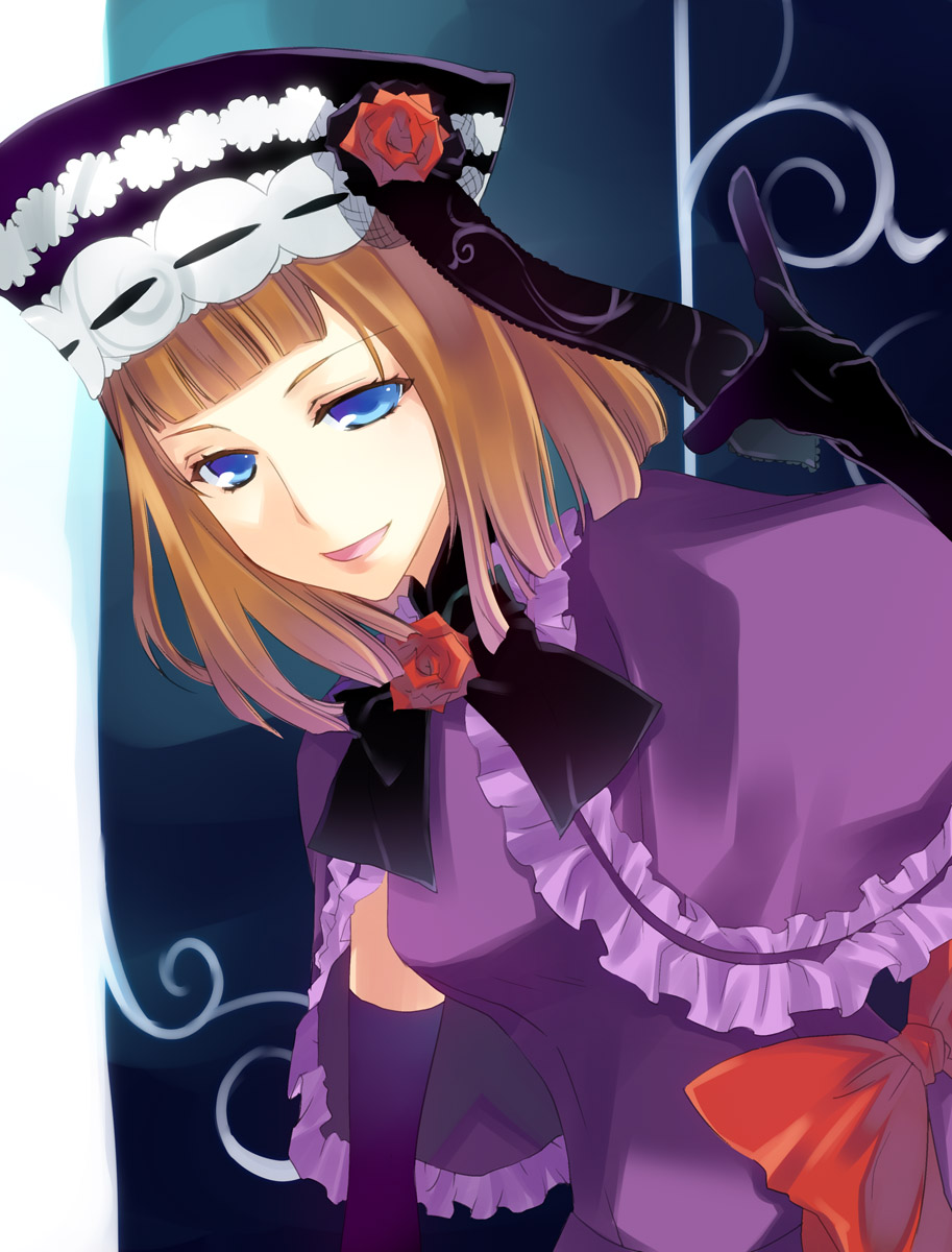07th_expansion, 1girl, blue_eyes, bow, capelet, dress, dutch_angle, elbow_gloves