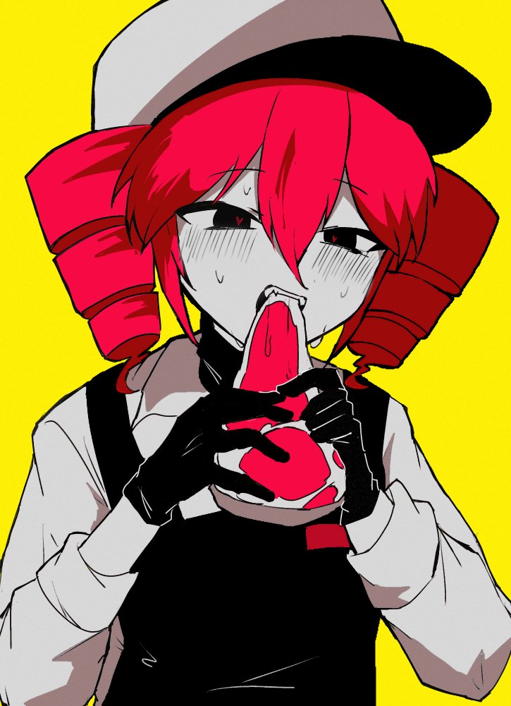 1girl, apron, beef, black_apron, black_eyes, black_gloves, butcher_vanity_(synthesizer_v), collared_shirt