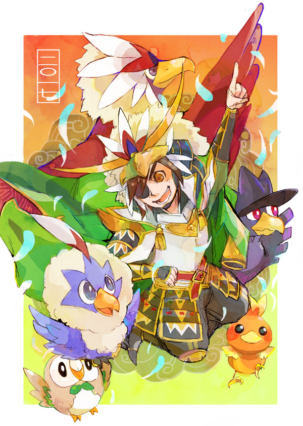 armor, braviary, brown_eyes, brown_hair, date_masamune_(sengoku_musou), eyepatch, gen_2_pokemon, gen_3_pokemon, gen_5_pokemon, gen_7_pokemon, helmet, japanese_clothes, kneeling, murkrow, nintendo, open_mouth, pointing, pointing_up, poke_ball_symbol, pokemon, pokemon_conquest, rowlet, rufflet, sengoku_musou, smile, torchic, yukimoto
