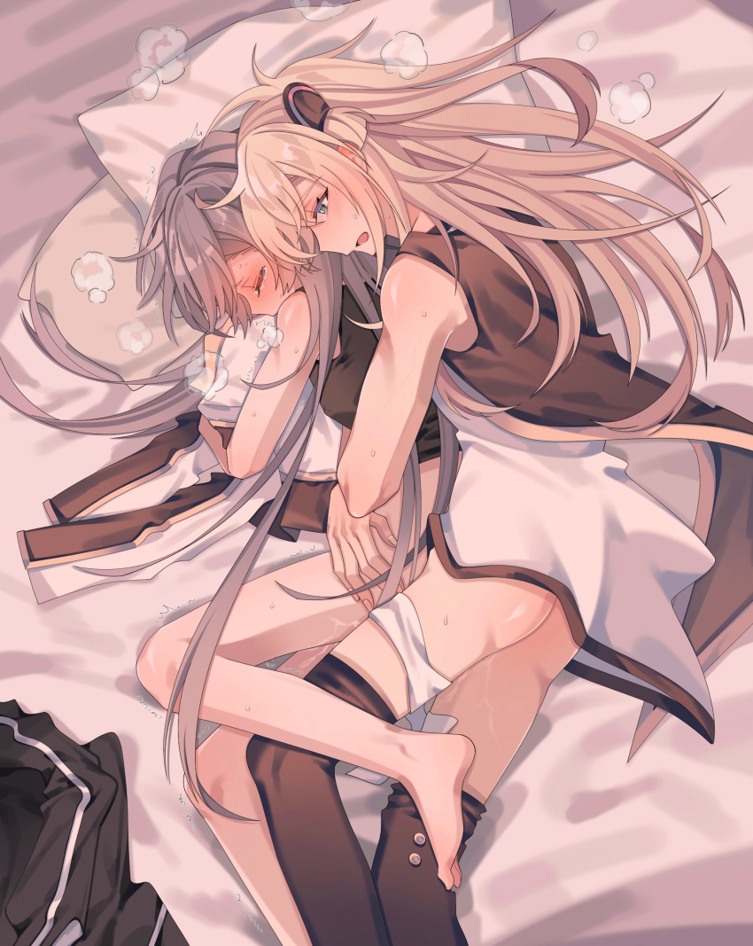 2girls, blonde_hair, blush, breath, closed_mouth, duel_monster, emptyayya, grey_hair, highres, holding, holding_pillow, hug, hug_from_behind, long_hair, multiple_girls, on_bed, pillow, sky_striker_ace_-_raye, sky_striker_ace_-_roze, spooning, tears, yu-gi-oh!, yuri