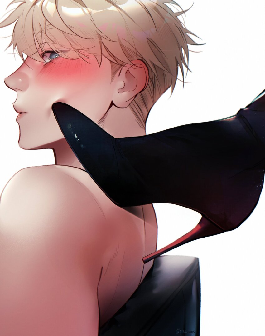 1boy, 1girl, blonde_hair, blue_eyes, blush, boots, clothed_female_nude_male, couple