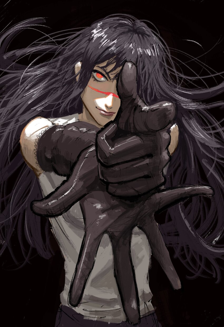 1girl, black_background, black_gloves, black_hair, chainsaw_man, closed_mouth, elbow_gloves, finger_gun