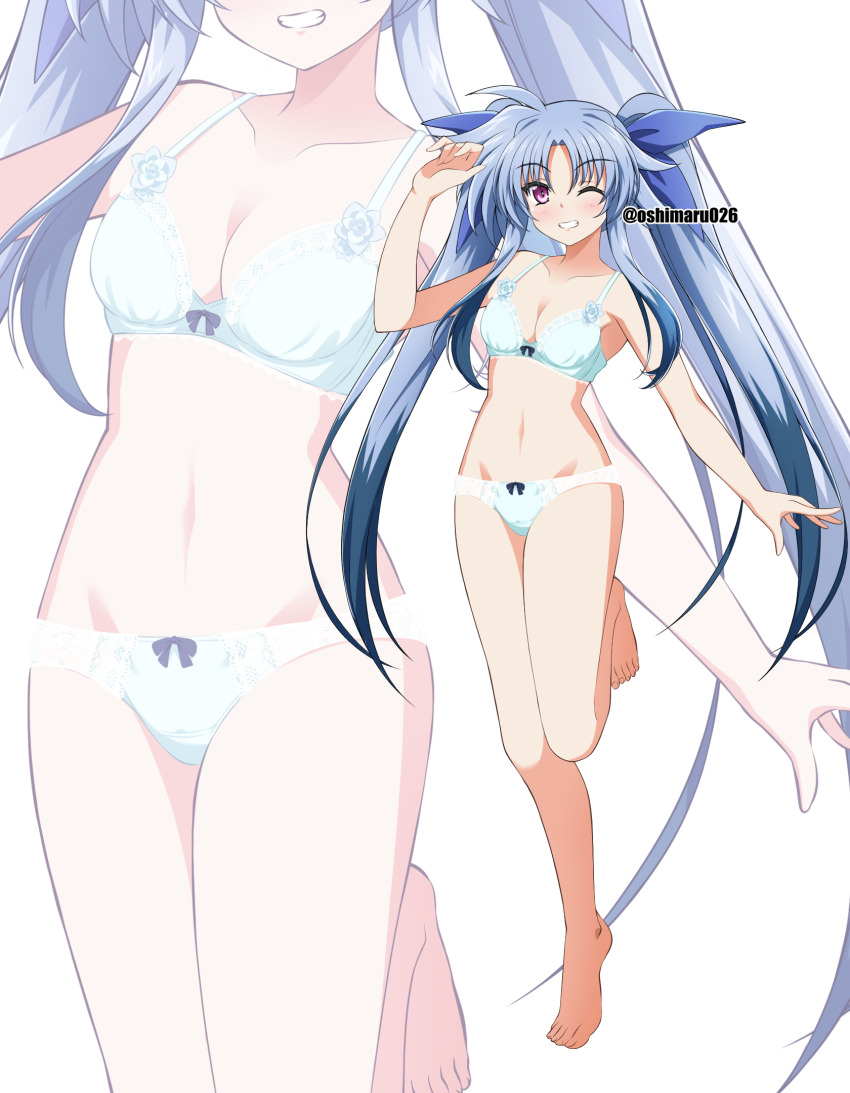1girl, bare_arms, bare_legs, barefoot, blue_bow, blue_hair, blush, bow