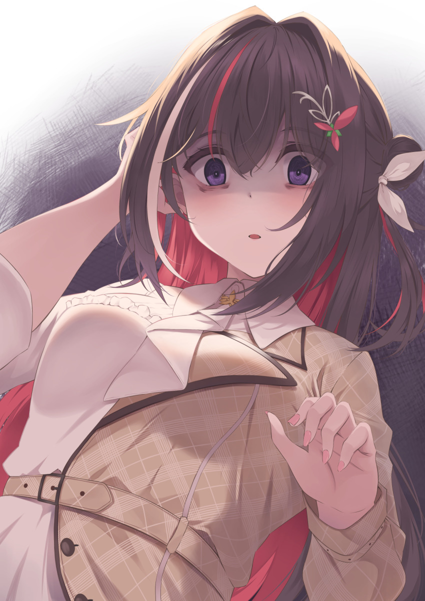 1girl, ascot, azki_(4th_costume)_(hololive), azki_(hololive), bags_under_eyes, bankerou, brown_hair, brown_jacket