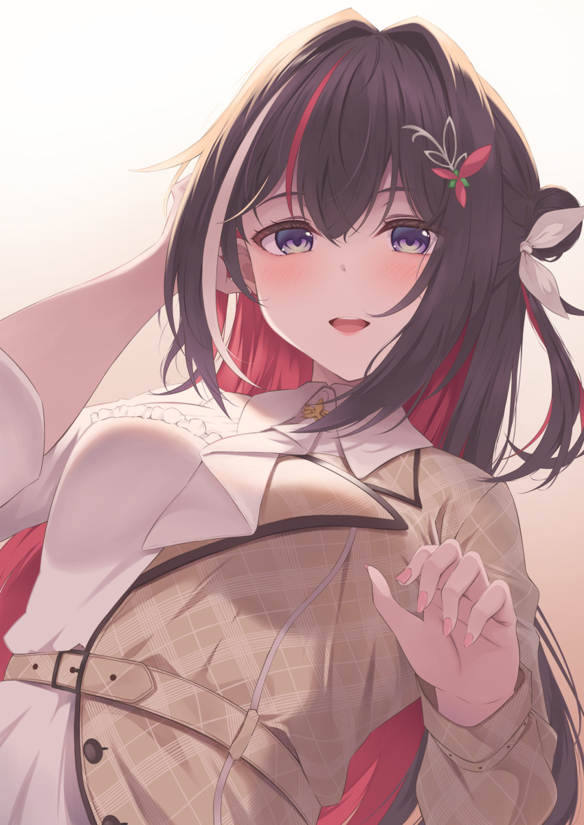 1girl, ascot, azki_(4th_costume)_(hololive), azki_(hololive), bankerou, blush, brown_hair, brown_jacket