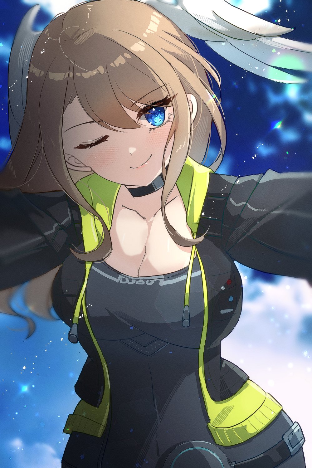 1girl, black_bodysuit, black_choker, black_jacket, blue_eyes, bodysuit, breasts, brown_hair