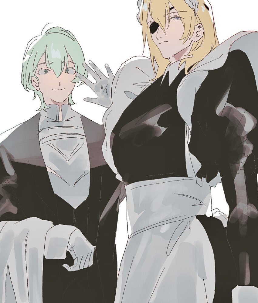 2boys, apron, back_bow, black_dress, black_pants, black_shirt, black_suit, blonde_hair