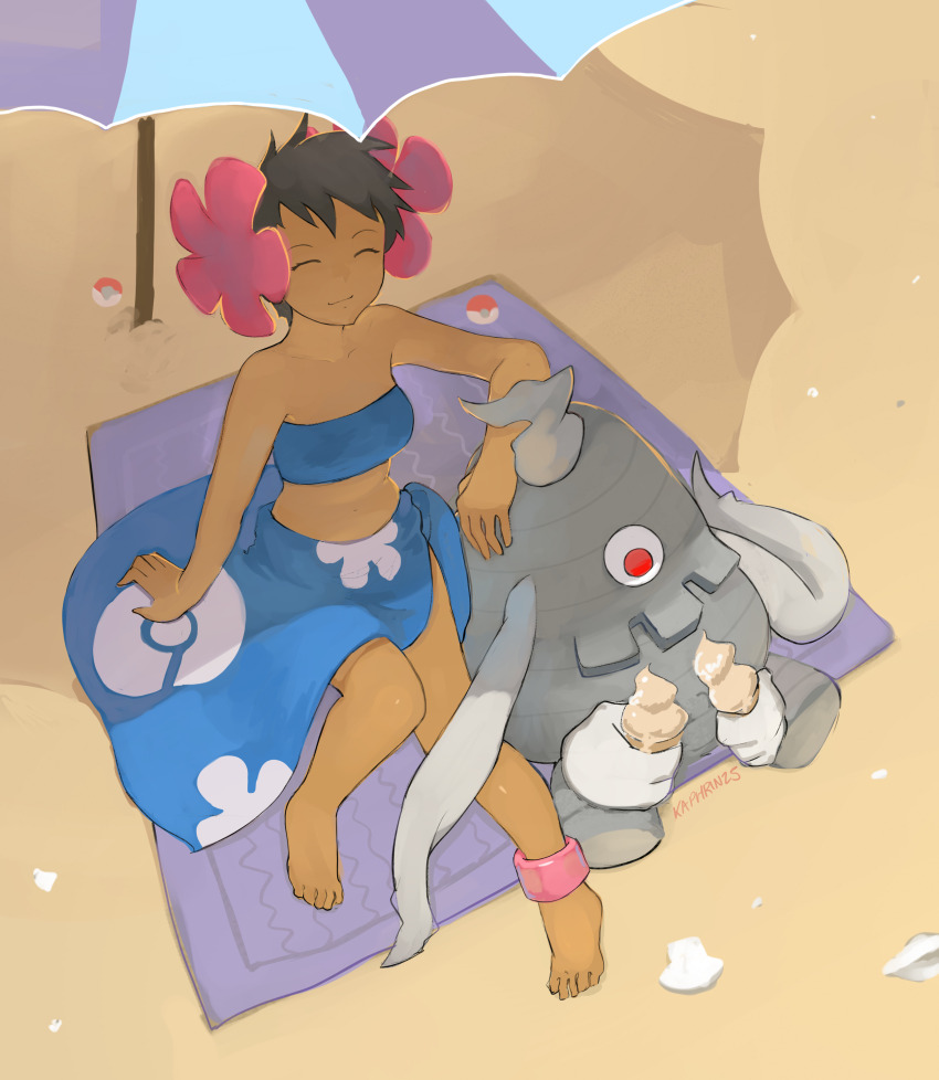 1girl, absurdres, anklet, artist_name, bandeau, bare_arms, barefoot, beach_towel