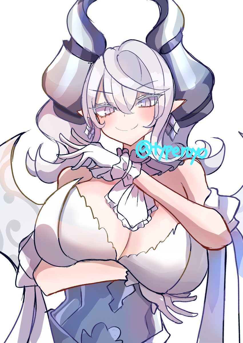 1girl, absurdres, bare_shoulders, breasts, cleavage, demon_girl, demon_horns, demon_wings, dress, duel_monster, earrings, grey_eyes, highres, horns, huge_breasts, jewelry, lovely_labrynth_of_the_silver_castle, pointy_ears, royo21294110, simple_background, solo, strapless, strapless_dress, twitter_username, upper_body, white_background, white_dress, white_hair, wings, yu-gi-oh!