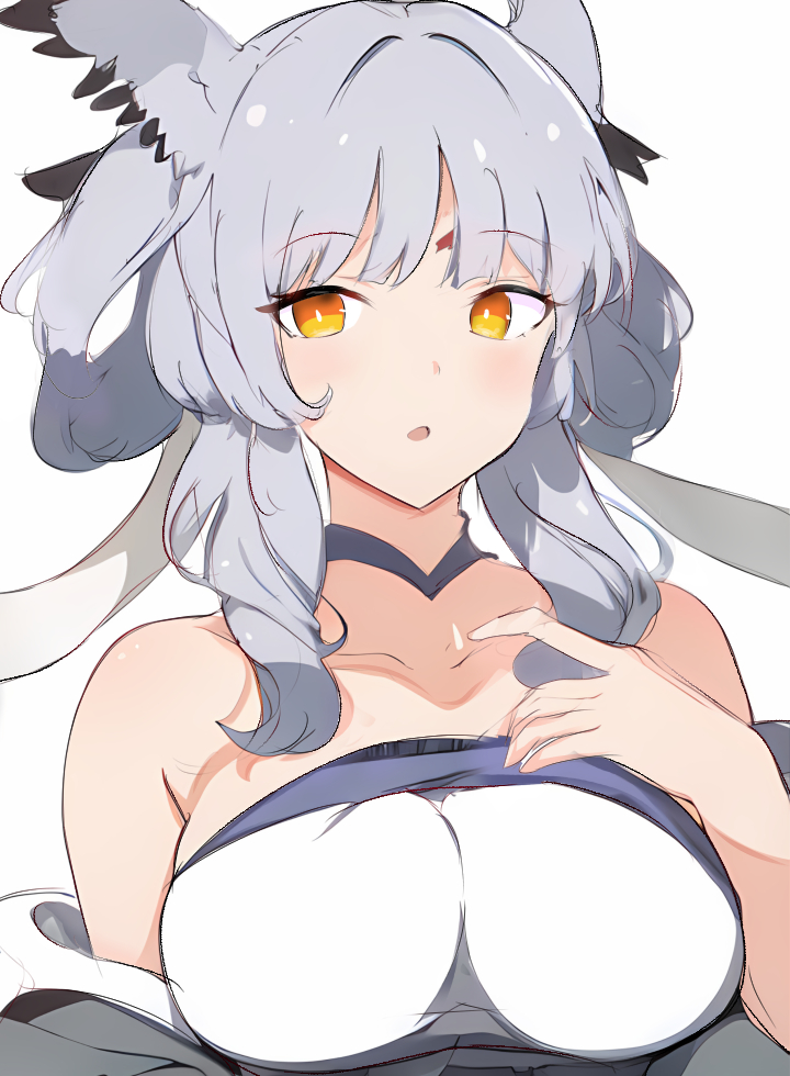 1girl, arknights, bare_shoulders, breasts, bright_pupils, commentary, grey_hair, large_breasts