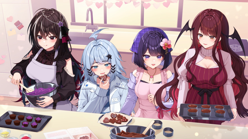 4girls, :q, absurdres, addie_wyvernhart, aegis-link, ahoge, apron, black_hair