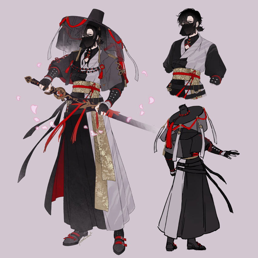 1boy, alternate_costume, black_gloves, black_hair, cenjun9, full_body, gloves, hat, highres, holding, holding_sword, holding_weapon, korean_clothes, looking_at_viewer, mask, mouth_mask, multiple_views, partially_fingerless_gloves, short_hair, solo_leveling, sung_jin-woo, sword, weapon
