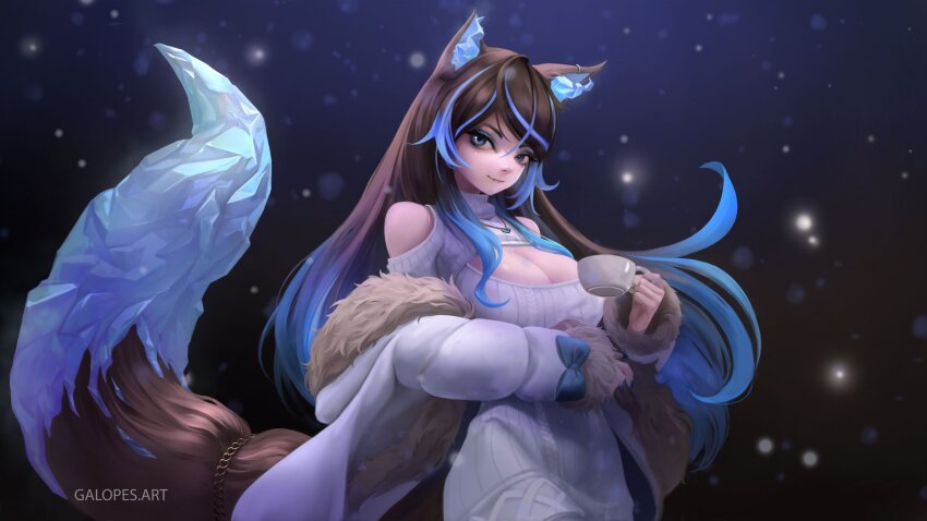 1girl, absurdres, animal_ear_fluff, animal_ears, blue_eyes, blue_hair, breasts, brown_hair, cleavage, cleavage_cutout, clothing_cutout, coat, cup, dress, galopes, highres, holding, holding_cup, indie_virtual_youtuber, large_breasts, long_hair, looking_at_viewer, multicolored_hair, shoulder_cutout, sinder_(vtuber), smile, streaked_hair, sweater, sweater_dress, tail, turtleneck, turtleneck_sweater, underwear, virtual_youtuber, watermark, web_address, white_sweater, winter_clothes, winter_coat, wolf_ears, wolf_girl, wolf_tail