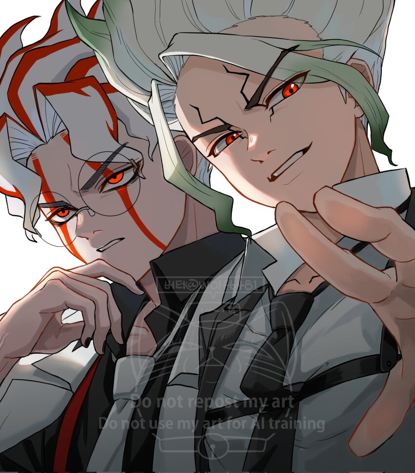 2boys, alternate_form, blonde_hair, dandadan, dr._stone, facial_mark, formal_clothes, glasses