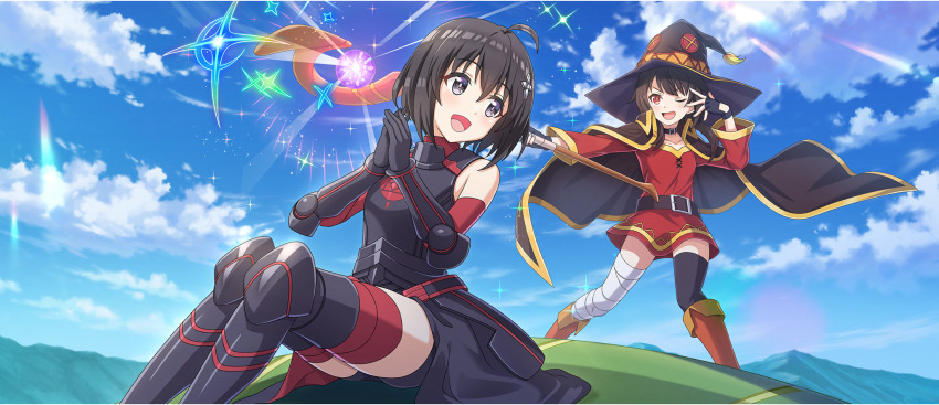 2girls, :d, ;d, ahoge, armor, armored_boots, armpit_crease, bandaged_leg, bandages, belt, belt_collar, black_armor, black_cloak, black_gloves, black_hair, black_hat, black_thighhighs, blue_sky, bob_cut, boots, breasts, brown_belt, brown_boots, brown_hair, casting_spell, chuunibyou, cloak, cloud, cloudy_sky, collar, collarbone, crossover, day, dress, elbow_gloves, fingerless_gloves, floral_print, flying, fold-over_boots, game_cg, gloves, grey_eyes, hair_between_eyes, hair_ornament, hairpin, hand_over_eye, hat, highres, holding, holding_staff, itai_no_wa_iya_nano_de_bougyoryoku_ni_kyokufuri_shitai_to_omoimasu, knee_boots, knees_up, kono_subarashii_sekai_ni_shukufuku_wo!, konosuba!_fantastic_days, lens_flare, long_sleeves, looking_at_another, looking_back, mage_staff, magic, maple_(bofuri), megumin, multiple_girls, off-shoulder_dress, off_shoulder, official_art, on_turtle, one_eye_closed, open_mouth, outdoors, outstretched_arm, own_hands_together, raised_eyebrows, red_dress, red_eyes, red_gloves, red_thighhighs, rose_print, short_dress, short_hair, short_hair_with_long_locks, sidelocks, single_thighhigh, sitting, sky, sleeveless, small_breasts, smile, staff, standing, sunlight, syrup_(bofuri), thighhighs, thighs, turtle, two-tone_gloves, v-shaped_eyebrows, vambraces, witch_hat, zettai_ryouiki