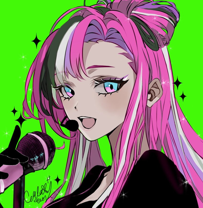 1girl, blue_eyes, bow, commentary_request, cookie_run, cookie_run:_ovenbreak, eunha_milktea, green_background, hair_bow, humanization, korean_commentary, long_hair, long_sleeves, looking_at_viewer, multicolored_hair, one_eye_closed, pink_hair, shining_glitter_cookie, smile, solo, two-tone_hair, upper_body, very_long_hair